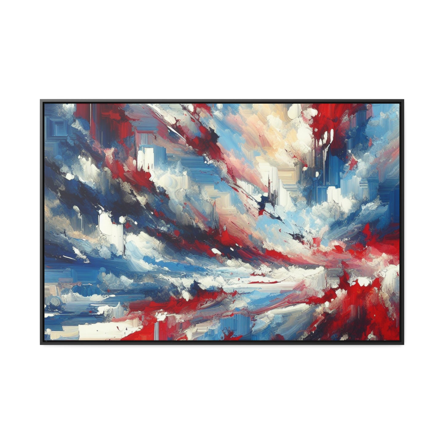 Vibrant Transcendence in Sky Blue, Red, and White Canvas