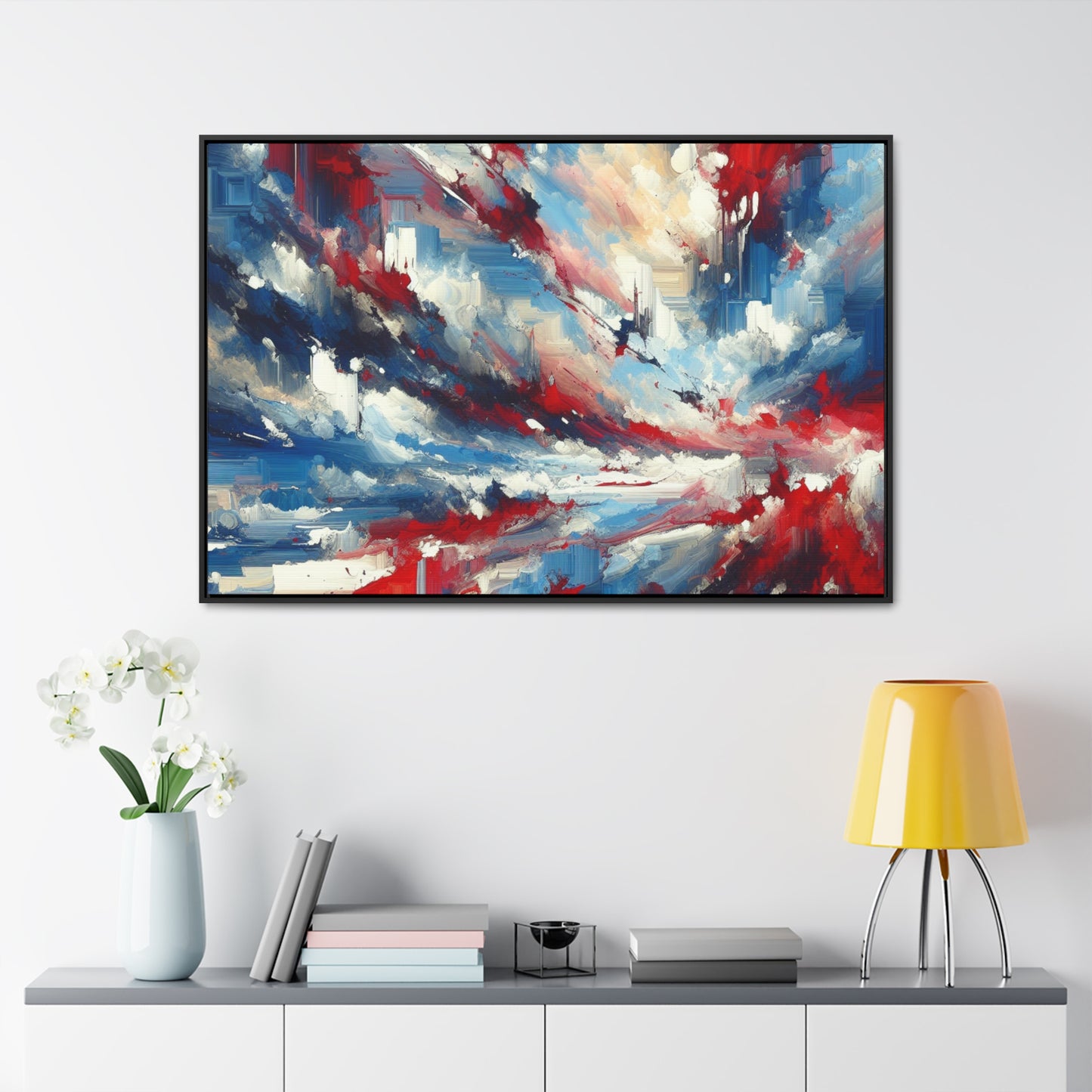 Vibrant Transcendence in Sky Blue, Red, and White Canvas